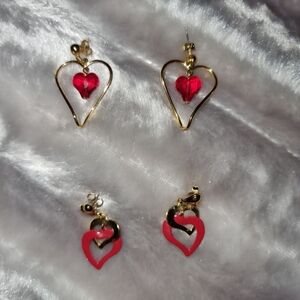 Gold Tone Heart Earrings ( 2 pair ) with dangly Red Accents